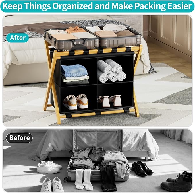 Natural Bamboo Luggage Rack with 4 Storage Compartments ，Foldable Suitcase Stand, Luggage Rack for Guest Room , 150lbs Capacity, Sturdy,