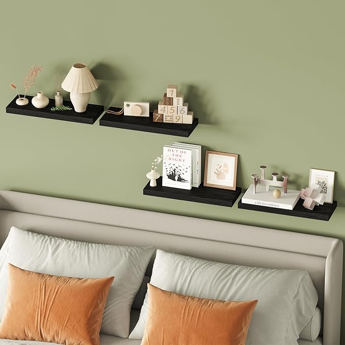 Fixwal Black Floating Shelves for Wall, Rustic Wood Shelves for Bathroom, Living Room, Bedroom and Kitchen, Wall Shelves for Storage, Books, Room Decor (Set of 4, 15.7 Inch)