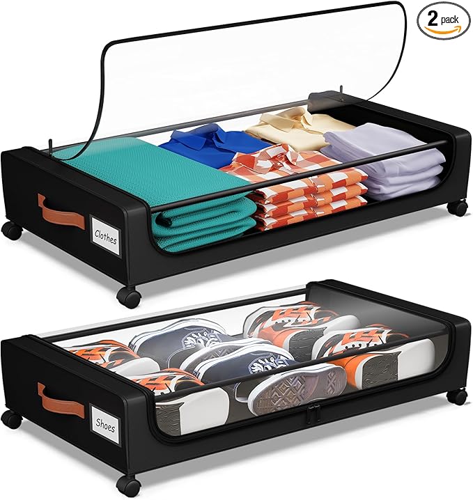 Under Bed Storage with Wheels, UnderBed Storage Containers with Clear Lid and Handles, XXL 60L Under the Bed Storage Bins Drawers for Clothes,Blankets,Shoes,Books (BLACK, 2 PACK)