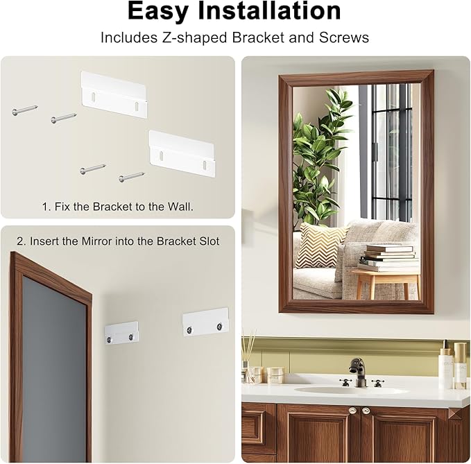 Bathroom Mirror for Over Sink,22x30Inch Thick Anti-Rust Wood Grain Metal Frame, Rectangle Decorative Wall Mirror with HD Tempered Glass, Horizontal or Vertical Mount for Vanity, Bathroom,Living Room