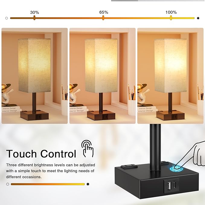 Touch Bedside Table Lamp For Nightstand - 3-Way Dimmable Night Lamp with USB A + Type C Charging Ports and two AC Outlets, Small Desk Light with E26 LED Bulb for Bedroom Living Room Dorm, BEIGE