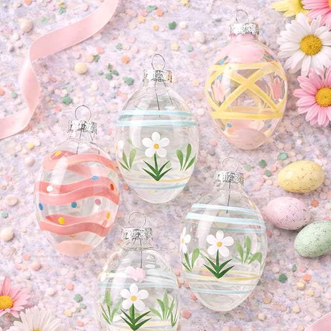 Lillian Vernon Hand Painted Blown Glass Easter Ornaments - Handcrafted Hanging Tree Decorations, Easter Egg Holiday & Party Decor, 2 in, Assorted, 12-Piece Set