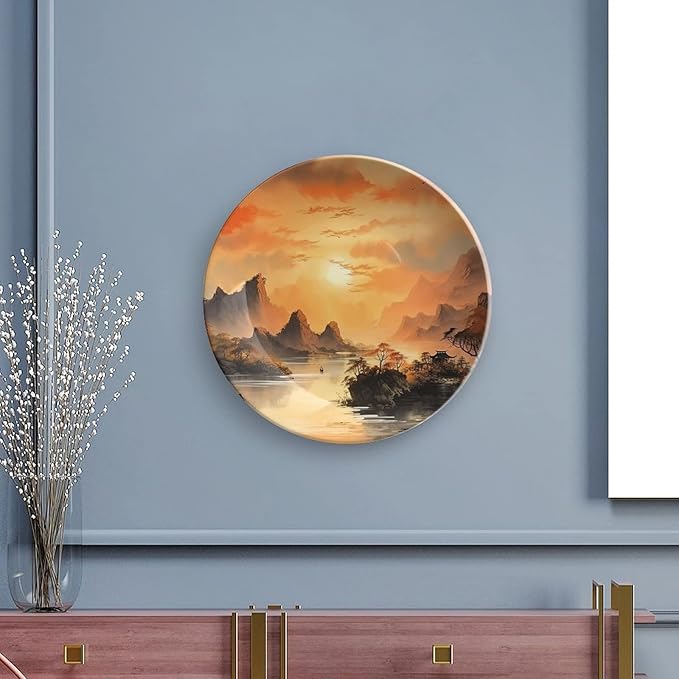 Decorative Plates, Ancient Chinese Mountain & Pavilion Landscape Ink Painting Display Plate for Home Office Kitchen Table Decor Porcelain Plates 7 Inch, Birthday Gifts