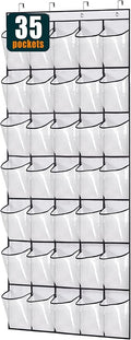 MISSLO 35 Clear Large Pockets Over The Door Shoe Organizer Sturdy Oxford Fabric Hanging Shoe Rack Closet Shoe Holder Hanger, White