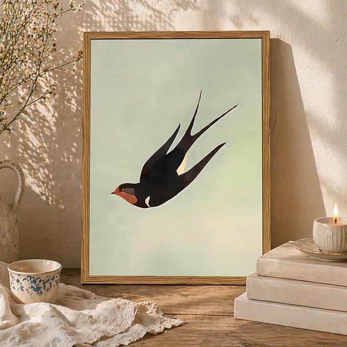 Framed Vintage Bird Wall Art, Sage Green Flying Swallow Pictures Wall Decor, Minimalist Japandi Nature Paintings Canvas Prints Modern Home Decor for Living Room Bedroom Bathroom Office 16x24 Inch