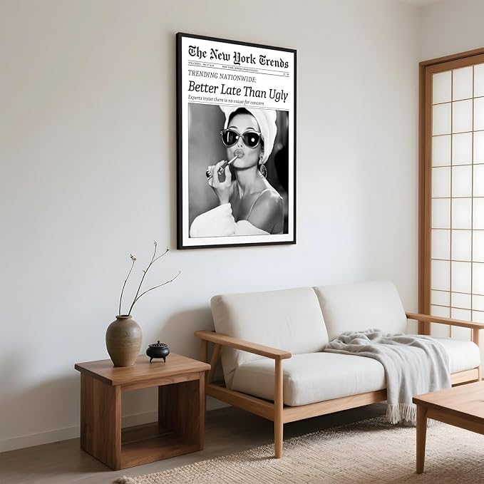 Framed Better Late Than Ugly Wall Decor Vintage Newspaper Wall Art Black and White Fashion Poster Audrey Hepburn Chic Decor New York Trends Glam Quote Canvas Print for Bedroom Bathroom Dorm 24x36inch