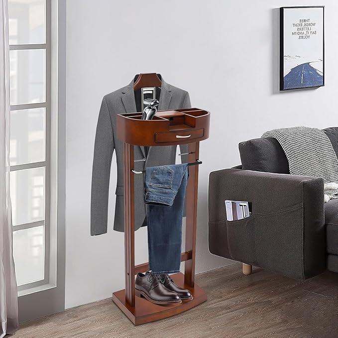Wooden Suit Rack with Drawer, Valet Stand for Men & Women, Freestanding Clothing Valet Organizer with Wooden Shelf and Charging Port, Solid Birch & Iron Bronze, Holds 22 lbs, for Bedroom Office