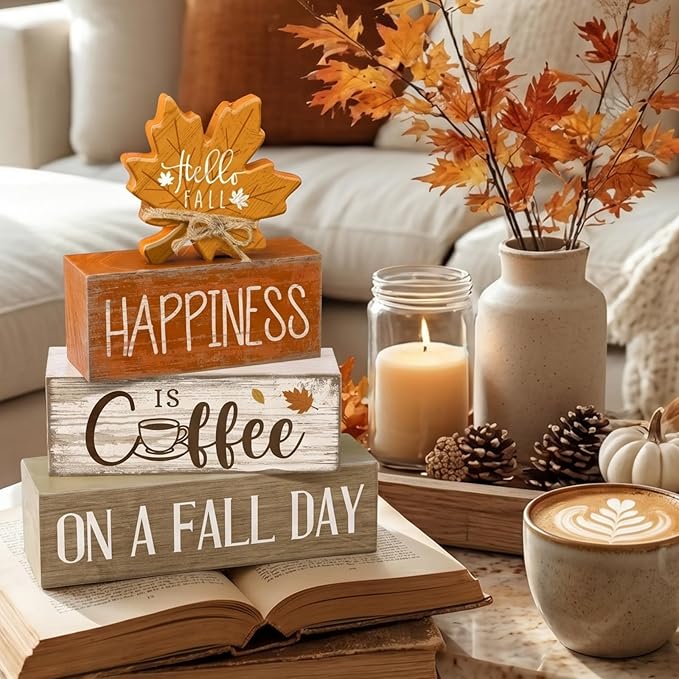 Lineshading 4 Pcs Fall Decoration for Home Wooden Maple Leaf Thanksgiving Table Centerpiece Thanksgiving Tiered Tray Decor Rustic Decorative Maple Leaf Block Signs Farmhouse Autumn Decor for Kitchen