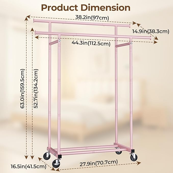Double Rods Clothes Rack, Sturdy Rolling Clothing Rack, Portable Clothing Racks for Hanging Clothes - Metal Garment Rack Wardrobe Coat Rack for Bedroom Laundry Living Room, Pink