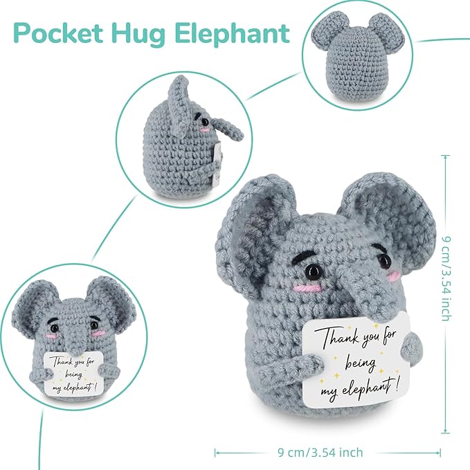 WenmthG Funny Positive Crochet Elephant - Emotional Support Animals Gifts, Funny Handmade Crochet Doll, Inspirational Gifts for Women Men Friends Coworkers