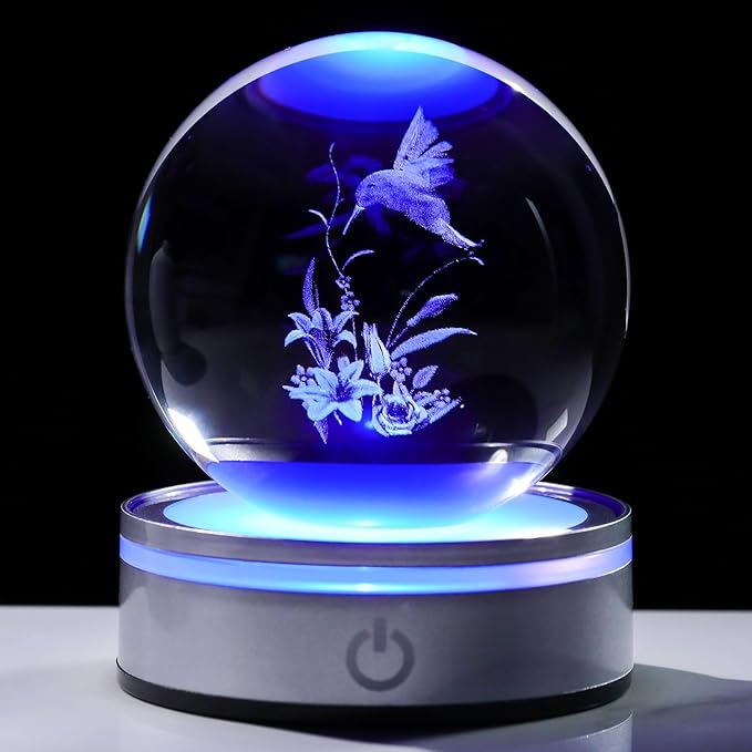 Movdyka 3D Crystal Ball Hummingbird Gifts for Women Men Glass Humming Bird Ornament Figurine Home Decor with Colorful LED Base for Hummingbird Lovers Nature Lovers - 3.15"/8CM