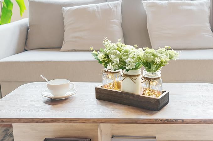 Mkono Mason Jar Lights Centerpiece Table Decor for Dining Room Farmhouse Wood Tray with 3 Jars Flowers Valentines Day Decoration for Coffee Table Kitchen Living Room Wedding