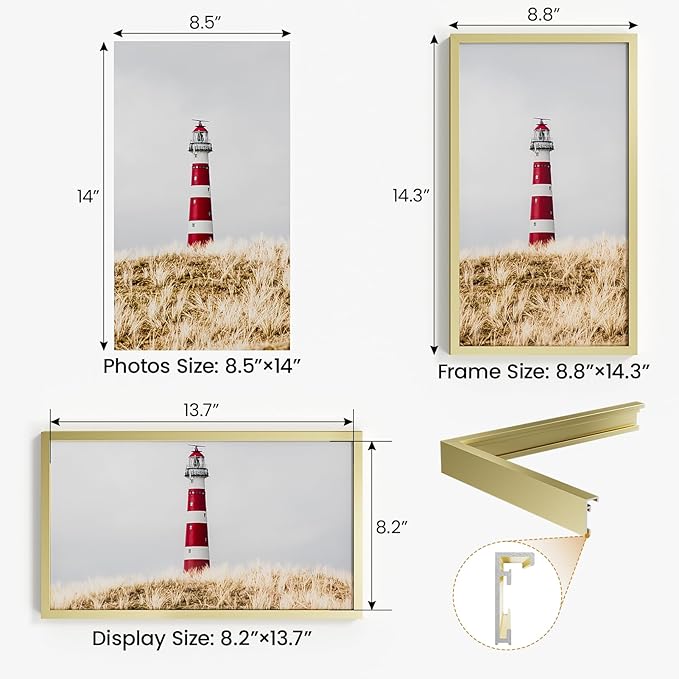 8.5x14 Aluminum Metal Picture Frame,Tempered Glass Gold Photo Frame 8.5x14 for Family Photo,Posters,Art,Document to Wall Mount Horizontally or Vertically