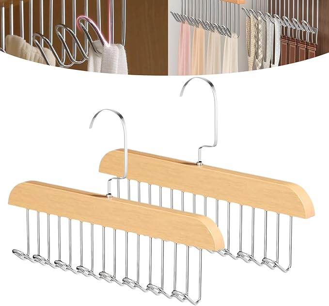 2 Pack Tie Hanger for Closet, Wooden Tie Racks Hanger with Upgraded 360°Rotating, Space-Saving Belt Holders with 8 Hooks, Closet Storage for Tie,Tank Top,Bra, Scarf,Hat