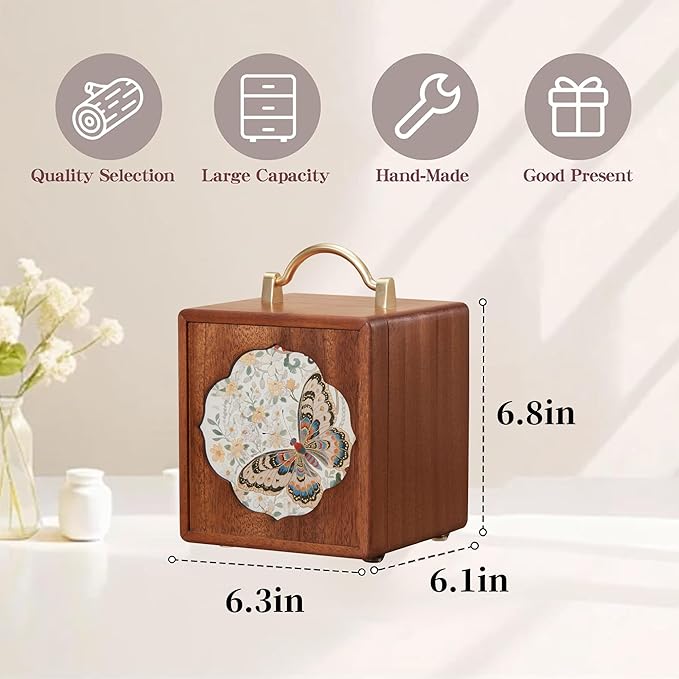 Wooden Jewelry Box for Women 4 Tier Walnut Wooden Jewelry Box with handle (Butterfly Prints B)