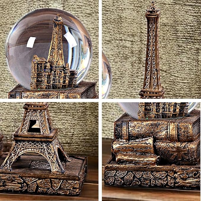 Eiffel Tower Snow Globe LED Music Crystal Home Decoration for Living Room Bedroom Book Shelf TV Cabinet Desktop Decor Statue Figurine Table Centerpieces Ornaments (A, Gold)