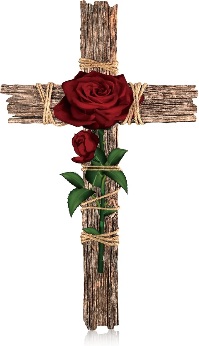 Chunful Wood Wall Cross with Hemp Rope Rose Wooden Wall Mounted Holy Cross Art Religious Home Living Room Decor Accessory for Home Decoration and Gifts