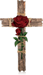 Chunful Wood Wall Cross with Hemp Rope Rose Wooden Wall Mounted Holy Cross Art Religious Home Living Room Decor Accessory for Home Decoration and Gifts