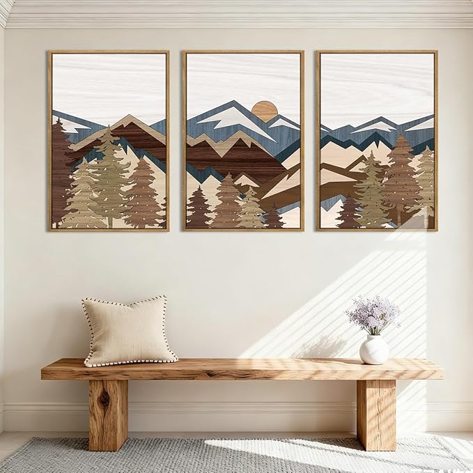 BINCUE Large Boho Mountain Wall Art Framed Mountains Wall Paintings Set of 3 Forest Mountain Sun Wall Decor Boho Landscape Artwork Rustic Mountains Art Prints for Living Room Bedroom Office Farmhouse 24x36 Inch Gift