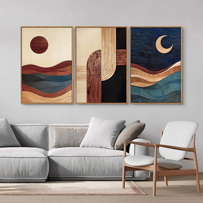 SIGNINART Boho Mid Century Modern Framed Canvas Wall Art, Bohemian Geometric Wall Decor, Abstract Sun and Moon Artwork,Beige and Black Wooden Art Paintings for Living Room Bedroom Office 24"x36"x3