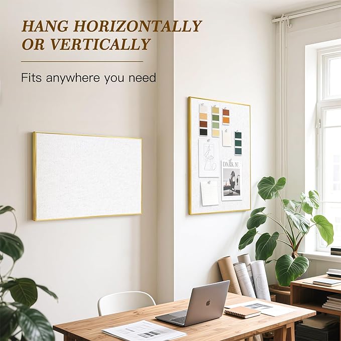Linen Bulletin Board 30" x 20", White Fabric Pin Board with Gold Aluminum Frame, Decorative Vision Board for Home Office, Bedroom & Dorm Wall Decor, Includes 10 Push Pins