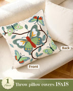 Embroidered Throw Pillow Cover 18x18 Inch - Spring Summer Boho Decorative Pillow Cover with Zipper for Living Room Couch Sofa Bed Aesthetic Design Branch Butterfly Cushion Pillowcase