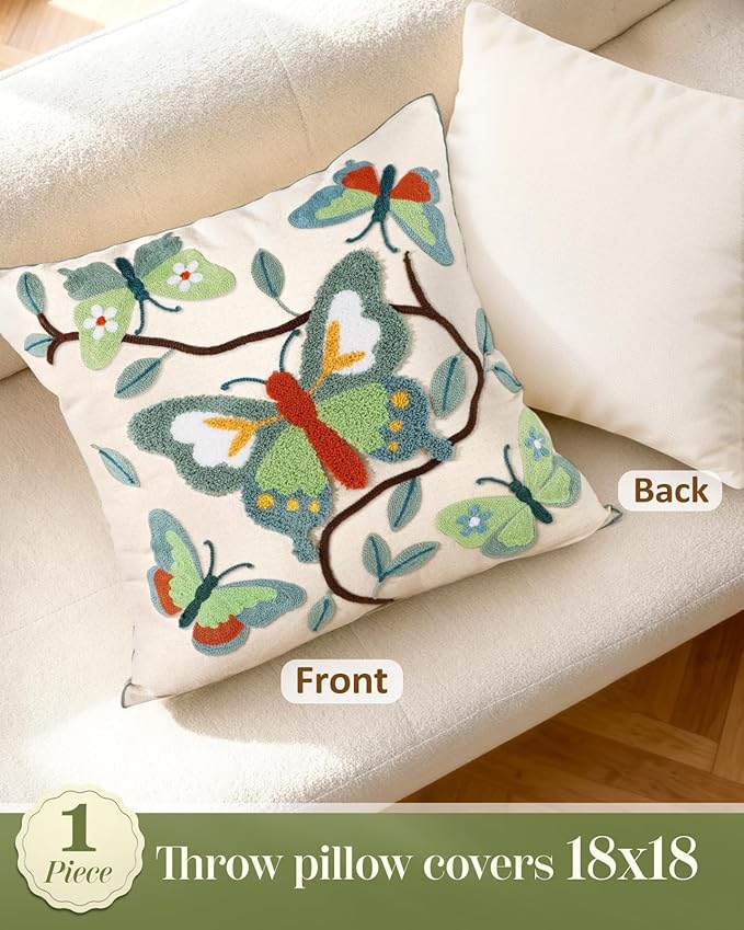 Embroidered Throw Pillow Cover 18x18 Inch - Spring Summer Boho Decorative Pillow Cover with Zipper for Living Room Couch Sofa Bed Aesthetic Design Branch Butterfly Cushion Pillowcase
