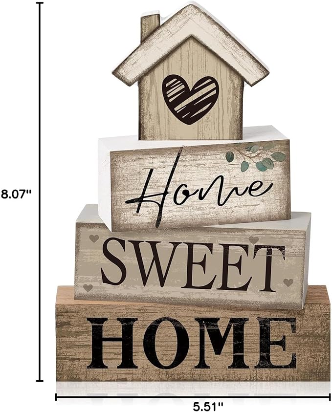 Moucuny 4 Pcs Wooden Farmhouse Tabletop Decor Rustic Home Tiered Tray Decor Decorative Highland Cow Home Eucalyptus Block Signs Gift Farmhouse Table Decoration for Kitchen Shelf(House)