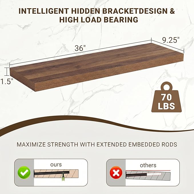 Acovy 36 Inch Floating Shelves, 36"x9.25"x1.5" Inch Deep Floating Shelves for Wall, Wooden Shelves for Bathroom, Bedroom, Living Room, Walnut, 2 Pieces