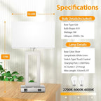 3 Color Temperatures Touch Control Table Lamps Set of 2, Stepless Dimmable Bedside Lamps with 2 USB Ports&AC Outlet, Modern Nightstand Lamps for Bedroom Living Room, Bulbs Included, Silver&White