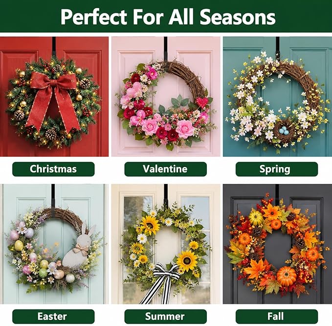 HappyFiller 15" Wreath Hanger for Front Door, Ultra-Sturdy Metal Over the Door Hook for Christmas, Easter & Seasonal Decor, Slim Fit Heavy Duty Single Door Hanger, Weather-Resistant, Matte Black