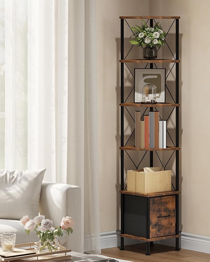 CHOEZON Corner Shelf with Drawer, Narrow Corner Bookshelf, Standing Bookcase, Storage Shelf with Anti-tip, Industrial Display Shelf for Small Spaces, Rustic Brown and Black TCJ76BF