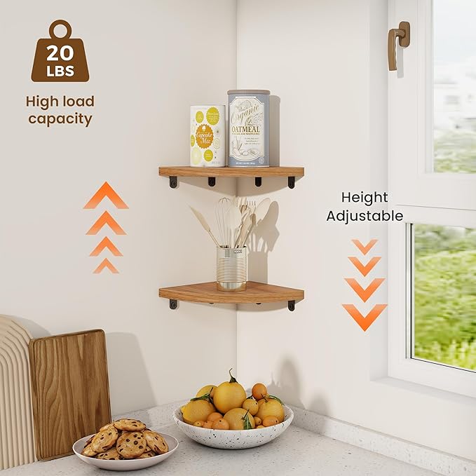 Fun Memories Corner Shelf Wall Mount Set of 2 - Solid Oak Wood Floating Corner Shelf with Cable Hole, 7in Rustic Design for Bedroom, Living Room, Kitchen (Natural)