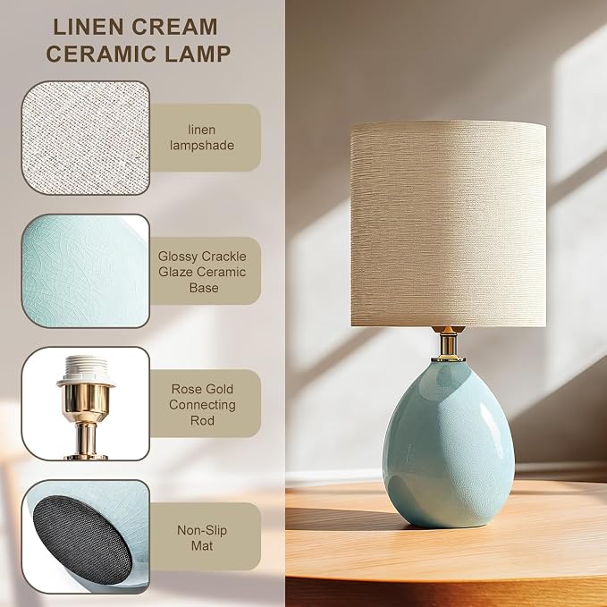 Dawnwake 18.5" Table Lamp Set of 2 for Living Room Bedroom, Bedside Lamps for Night Stands, Desk Nightstand Lamp Dimmable, Modern Linen Cream Ceramic Lamps (Blue)