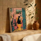 Funny Black Cat Bathroom Wall Art Whimsical Cat Reading Newspaper on Toilet Wall Decor Picture Cute Animal Bathroom Poster Canvas Painting Prints for Restroom 12x16 inch Framed