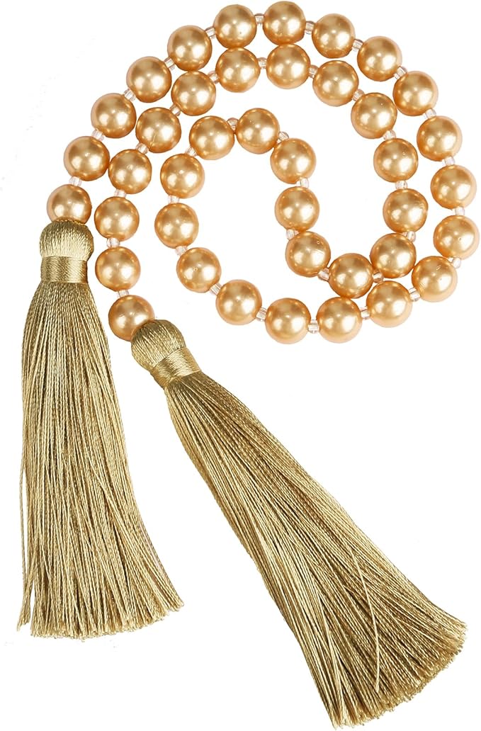 34 Inch Pearl Glass Bead Garland with Tassels - Elegant Boho Table Decor, Fringe Wall Hanging for Wedding, Party, Farmhouse Rustic Prayer Bead Home Decoration(1 Pack,Gold)