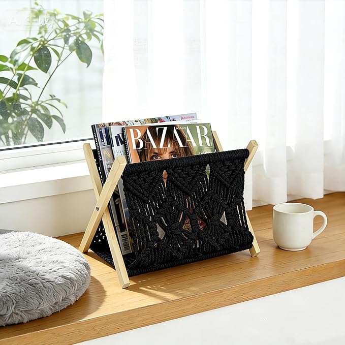 Boho Macrame Magazine Holder,Hand-Woven Magazine Rack for Home Office Desktop, Storage Basket for Letters, Magazines, Books and Newspapers (Black)