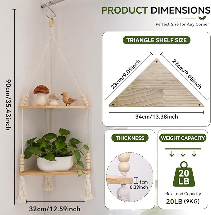Artilady Macrame Wall Hanging Corner Shelf 2-Tier, Adjustable Boho Stable Shelves Display for Indoor Plants Candle Holder, Rustic Bedroom Living Room Home Decor (Beige 2-Tier)