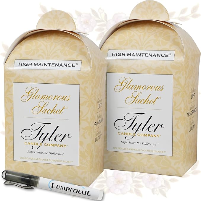 Tyler Candle High Maintenance Dryer Sachets, 8 Glamorous Reusable Dryer Sachets, 2 Pack (4 per Pack) Bundle with Lumintrail Stain Remover Pen, Laundry Softener Sheets, Scent for Fabric Detergent Beads