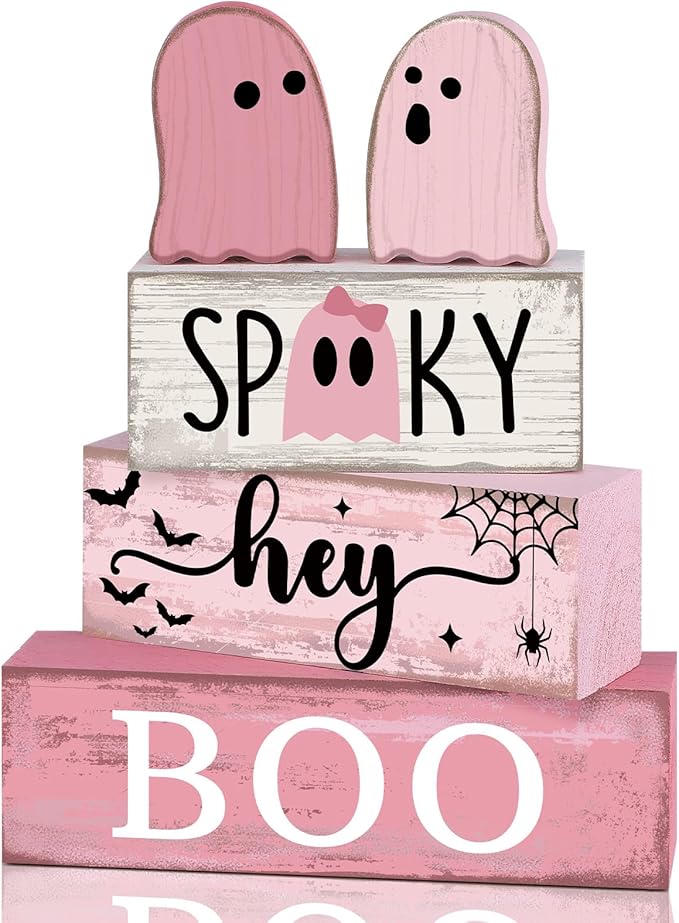 Lineshading 4 Pcs Pink Halloween Decor Ghost Table Decorations Halloween Tiered Tray Decor Farmhouse Ghost Tabletop Centerpiece Rustic Pink Block Sign Gift for Home Kitchen Shelf Office Mantel
