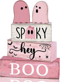 Lineshading 4 Pcs Pink Halloween Decor Ghost Table Decorations Halloween Tiered Tray Decor Farmhouse Ghost Tabletop Centerpiece Rustic Pink Block Sign Gift for Home Kitchen Shelf Office Mantel