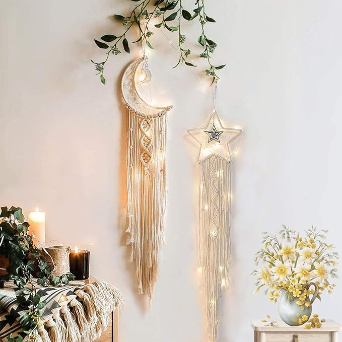 Tarklanda Moon Star Dream Catcher Decor, 2pcs Boho Home Moon Star Dreamcatcher, Macrame Wall Hanging Boho Home Decor for Kids Baby Bedroom Birthday Gift for Mother Women Girls Friends Craft