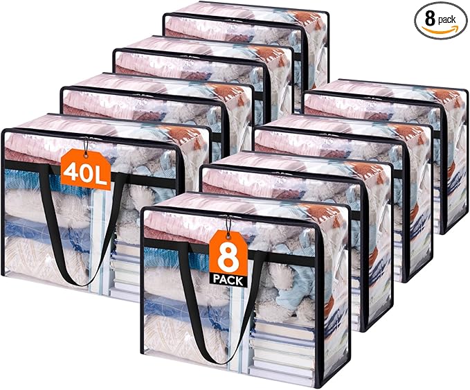 Lifewit 8 Pack Clear Clothes Storage Bags, 40L Plastic Blanket Storage Bag, Vinyl Foldable Moving Bags with Zipper, Closet Organizers and Storage Containers for Bedding, Duvet, Comforter