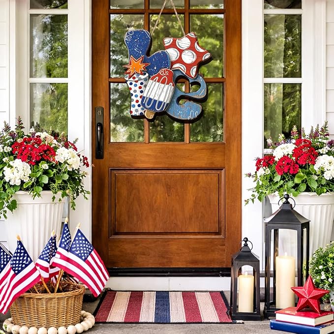 Wooden 4th of July Decorations Patriotic Wreaths for Front Door Independence Day Decorations Star Sign Welcome Memorial Day Hanging for Home Wall Decor Outdoor Indoor Red White and Blue Wreath 8