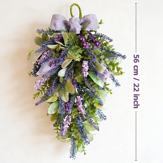 Idyllic 22 Inch Lavender Floral Swag with Bunny Ear Eucalyptus for Front Door Decor Artificial Outdoor Hanging Wedding Arch Spring Wreaths Alternative and Home Entrance Decoration