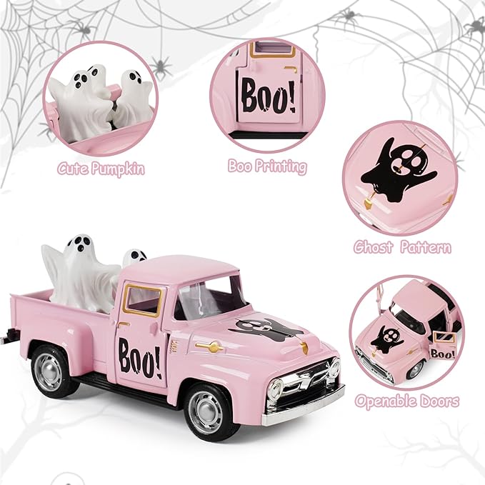 Halloween Truck Decor, Pink Halloween Ghost Truck Decorations for Home Indoor, Mini Cute Ghost Tiered Tray Decor, Farmhouse Kitchen Tabletop Centerpiece Decorations