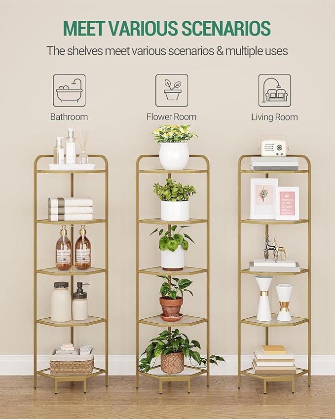 Hzuaneri Corner Shelf Stand, 5-Tier Glass Bookshelf Bookcase, Bathroom Organizer, Plant Stand, Steel Frame, Tempered Glass, Modern Style for Living Room, Bathroom, Kitchen, Golden CS90200G