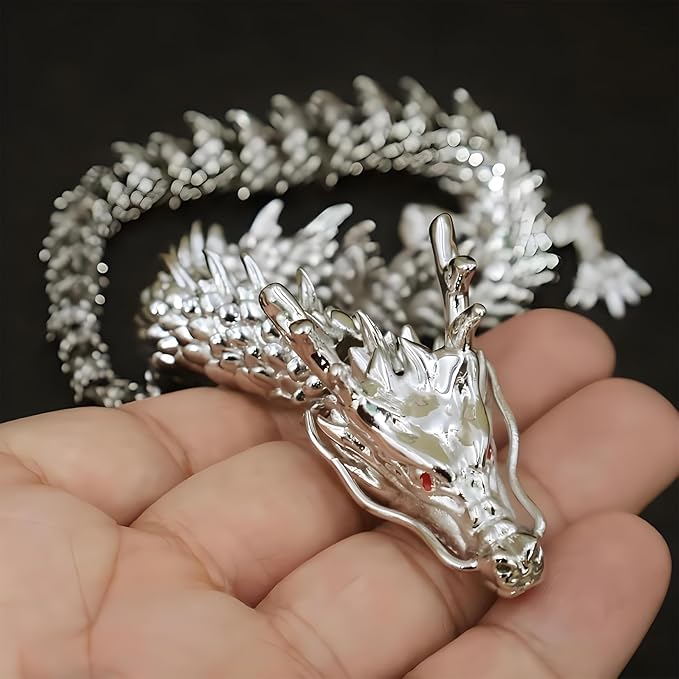 LIYAOLI 3D Printed Metal Articulated Dragon 2024 Silver Chinese Dragon Statue 9 Inch Flexible Joints Luck Statue Decor for Home Office Desk Decoration