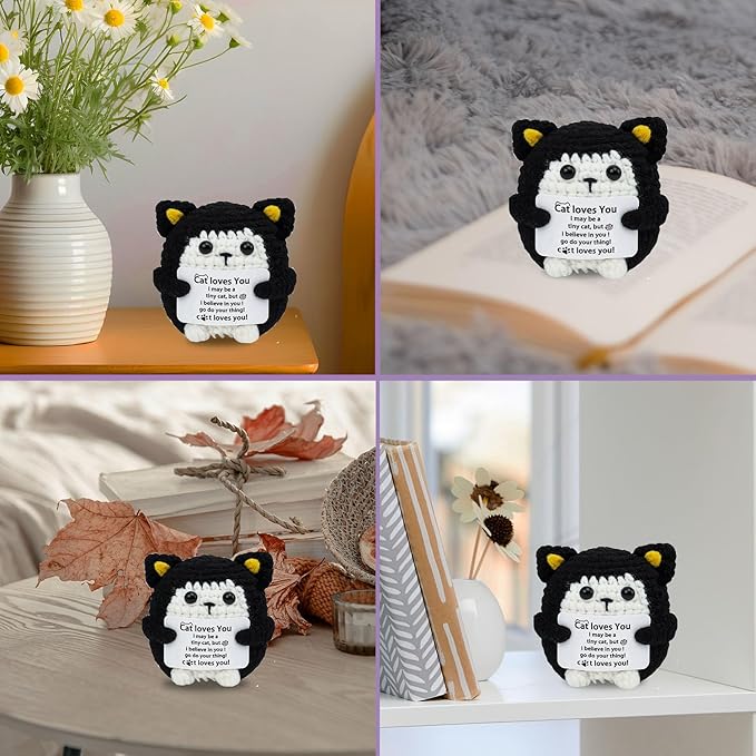 Funny Handmade Crochet Cat for Women Men, Positive Emotional Support Cat, Valentine's Day Gift, Birthday Basket Gift for Home Decorations