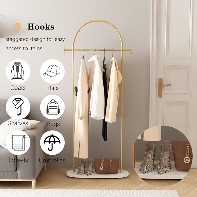 Gold Clothing Rack with Marble Base Heavy Duty Coat Rack for Entryway, Bedroom, Living Room, Boutiques-67''H
